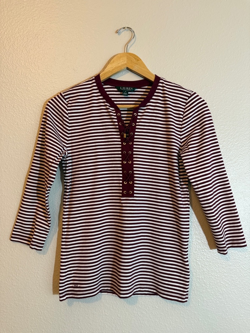 Lauren Ralph Lauren M Maroon Stripe Lace Up Top Preppy Quiet Luxury Coastal